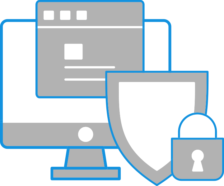 Illustration of a computer screen with a shield and lock demonstrating safe and compliant data